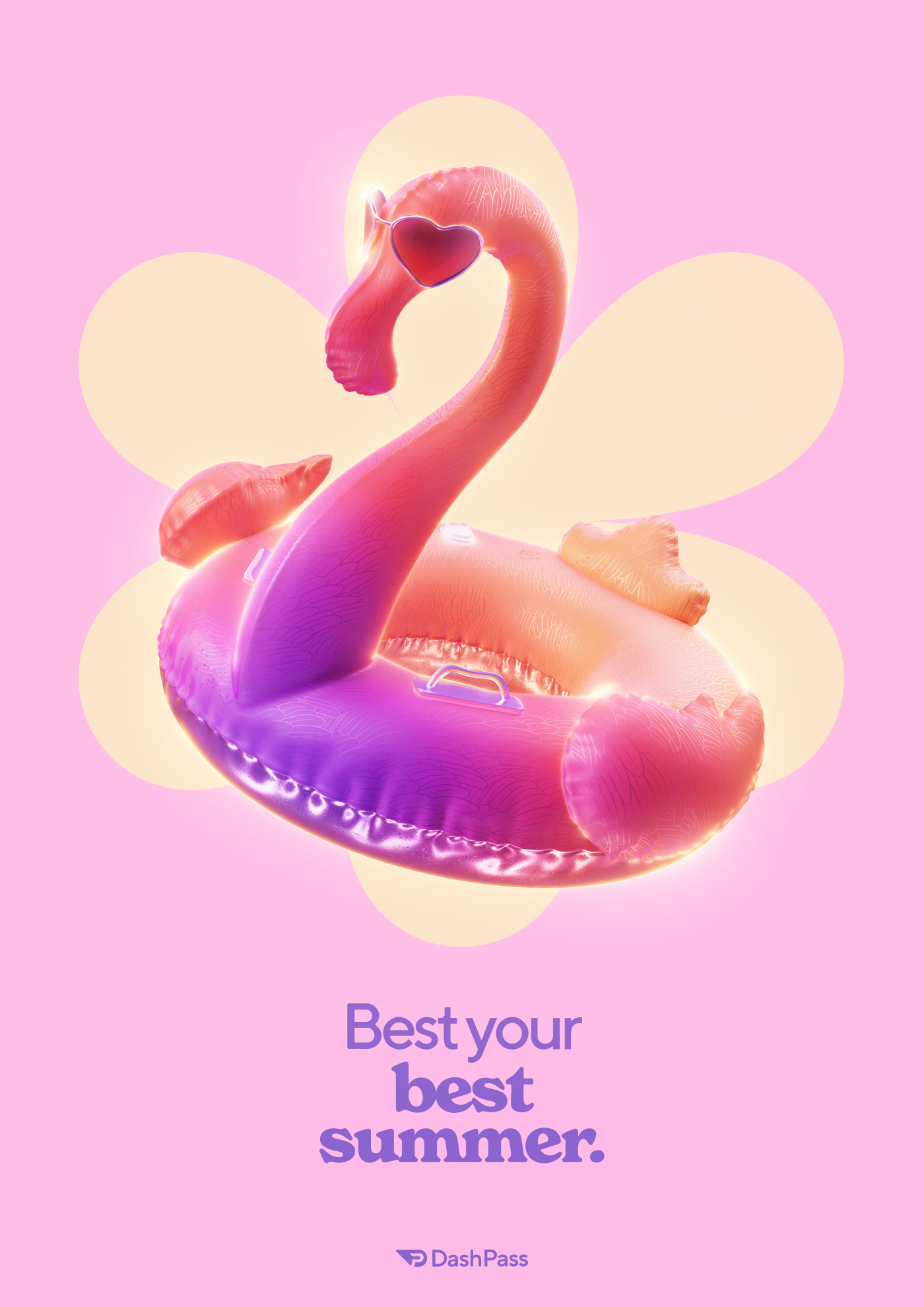 A doordash poster for summer of dashpass with a 3D flamingo